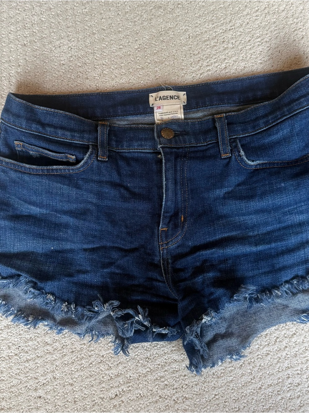 L'AGENCE Dark Blue Denim Frayed Hem Jean Shorts